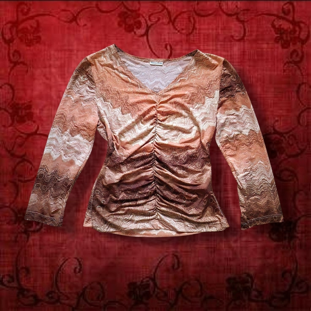 Y2k Vintage Whimsical Whimsygoth Beige Tan Gold Ruched Vneck 3/4 Sleeve Blouse